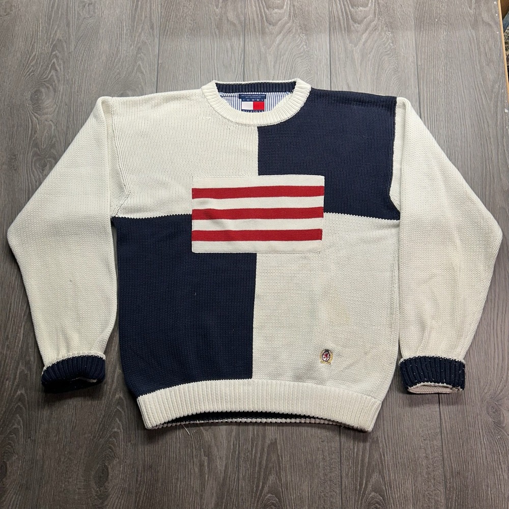 Vintage Tommy Hilfiger Colorblock Flag Sweater Mens XL Cotton Knit Navy White